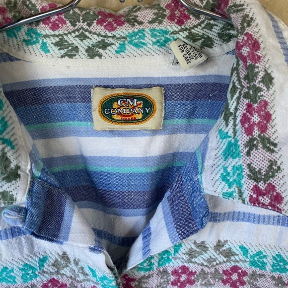 VTG 90s CM&Company Cotton Striped Floral Glitter Flannel Woven Large - Picture 3 of 5